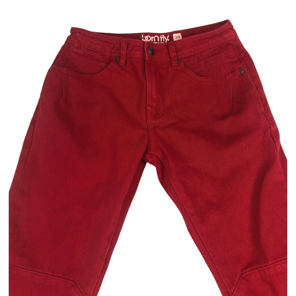 Born Fly Mens Red Denim Straight Leg Paneled Urban Streetwear Jeans Size 30x27